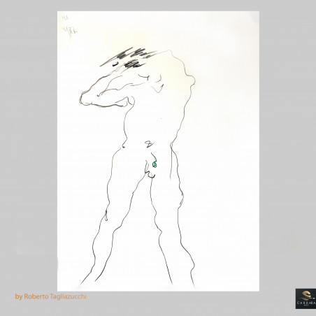 Twisting figure with green accent